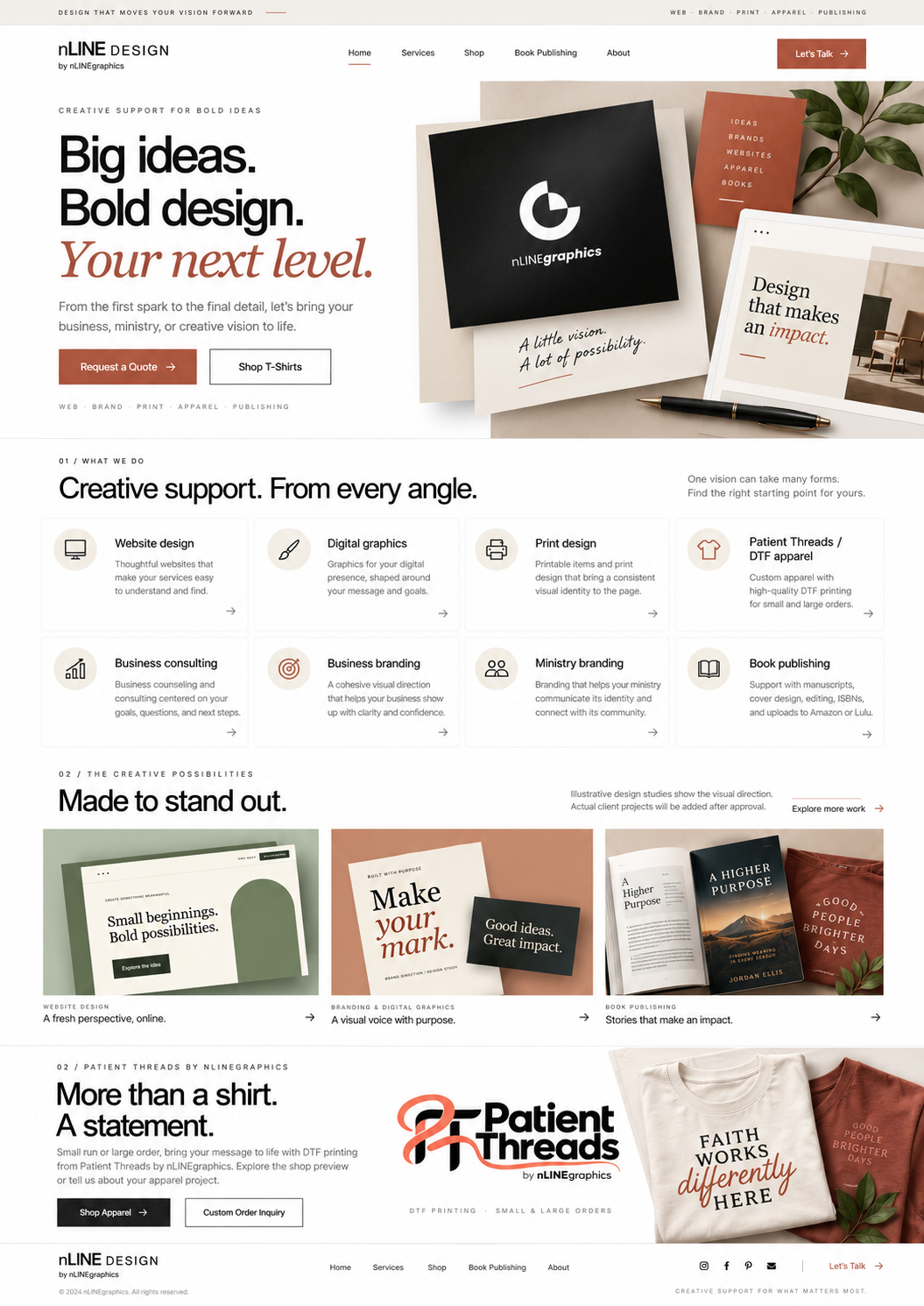 Editorial branding collage with the nLINEgraphics logo, cream stationery, terracotta card and website design study