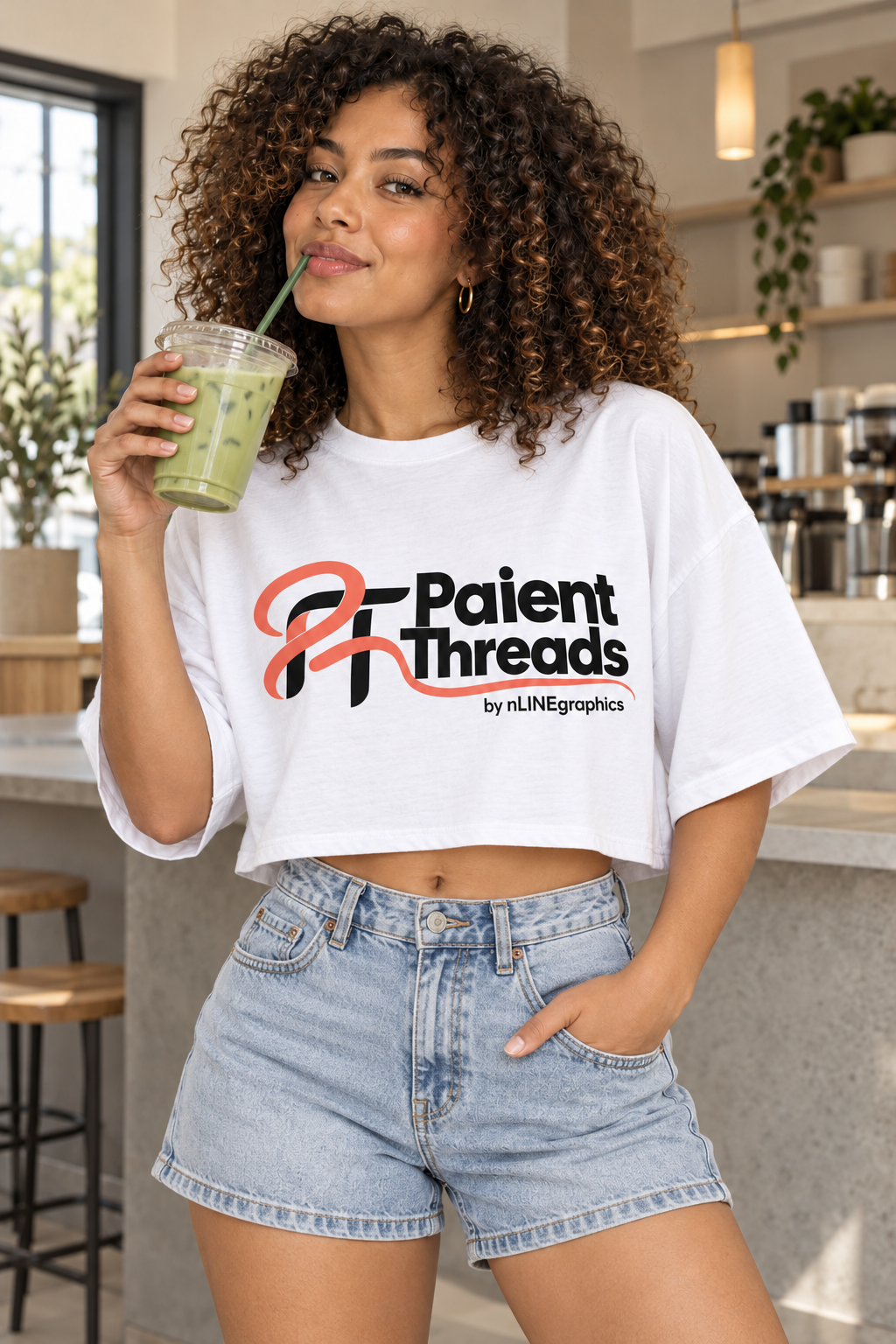 Woman wearing the original white Patient Threads T-shirt in a café